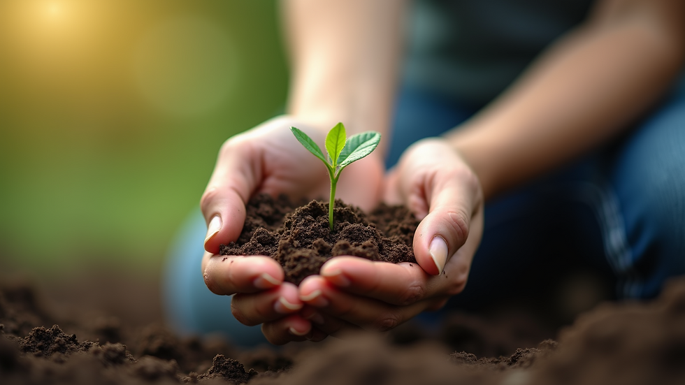 Close-up view of a woman’s hand holding a small plant sprouting from soil