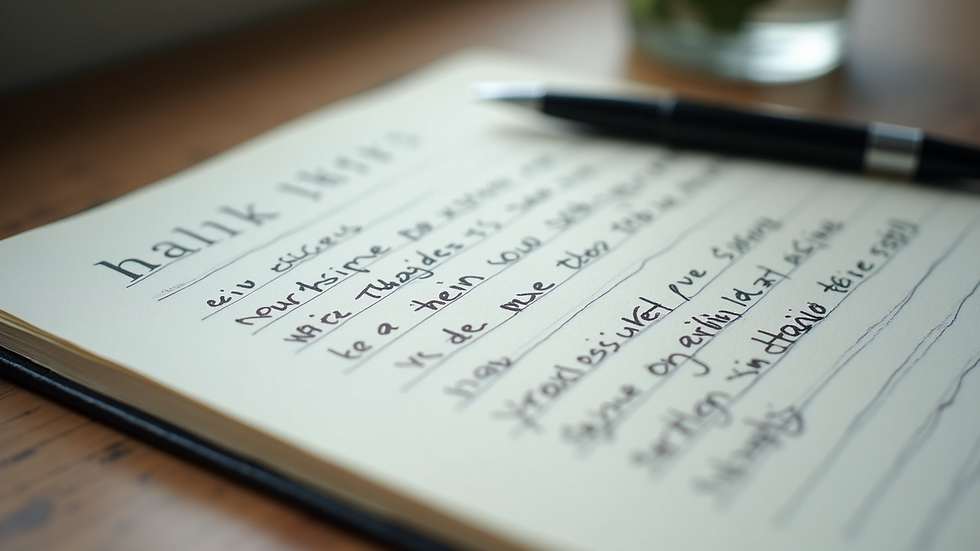 High angle view of a handwritten story on lined paper with a pen beside it