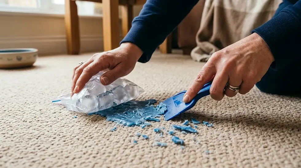Mains grattant cire de bougie sur tapis beige, glaçons et raclette plastique bœuf
