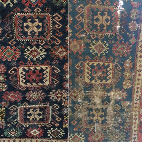 restauration tapis ancien kazak avant après – réintégration de motifs manquants et trame centrale refaite à la main