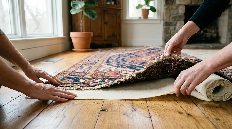 Mains plaçant une sous-couche sous un tapis persan ancien, effet boeuf, lumière naturelle