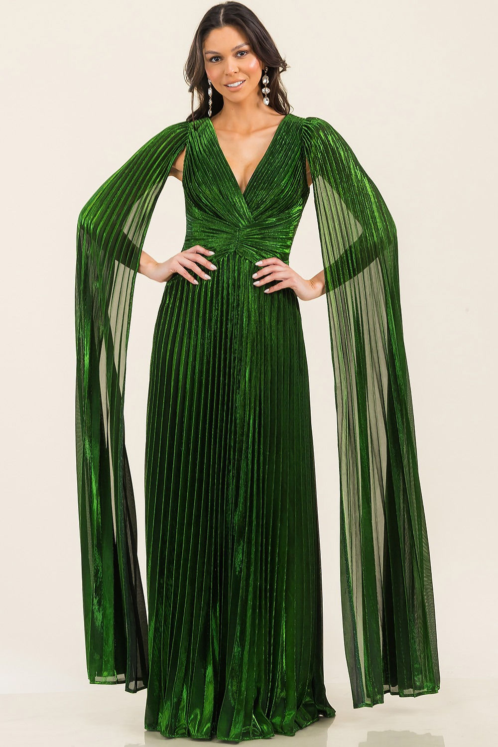 V-neck Cape Long Sleeve Pleated Maxi Dress