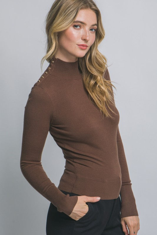 Miniatura: Button Detail Neck Long Sleeve Sweater Top