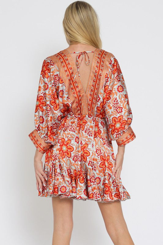 Miniatura: Dolman Sleeve Tie Border Printed Mini Dress