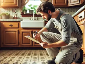 Man kneeling on patterned kitchen floor, writing on clipboard. Wooden cabinets and plants by window. Warm lighting creates focused mood. Asbestos Inspection