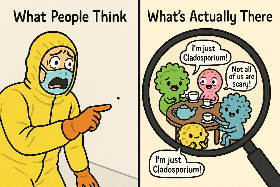 A person in a hazmat suit points fearfully at a dot. Under a magnifying glass, cute microbes chat over tea, saying "I'm just Cladosporium!" Mold inspection in Denver