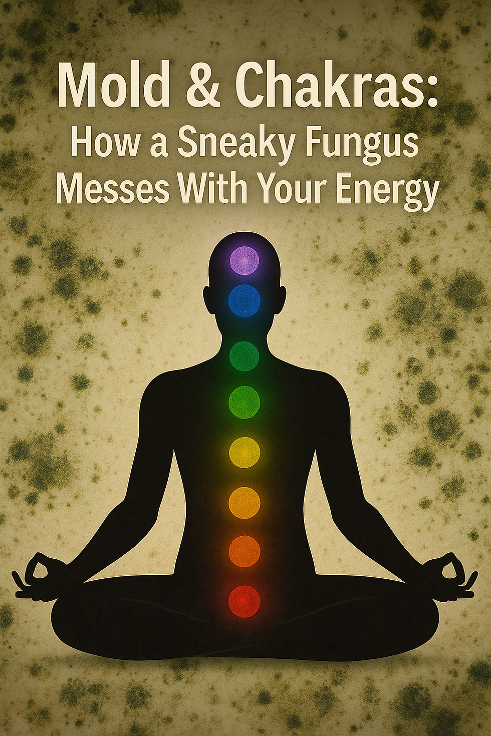 Silhouette meditating with chakra colors on a moldy background. Text: Mold & Chakras, How a Sneaky Fungus Messes With Your Energy. - Mold in Lakewood, CO
