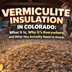 Pile of vermiculite insulation in an attic, flashlight on left. Person kneels in background. Text: "Vermiculite Insulation in Colorado." Asbestos testing in Denver Colorado