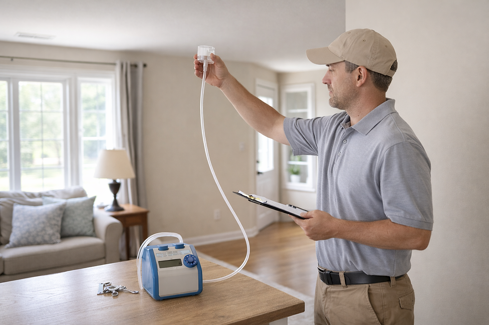 Man in a beige cap holding a nebulizer tube, inspecting it with a clipboard in hand. Background shows a cozy living room with soft lighting. asbestos testing near me