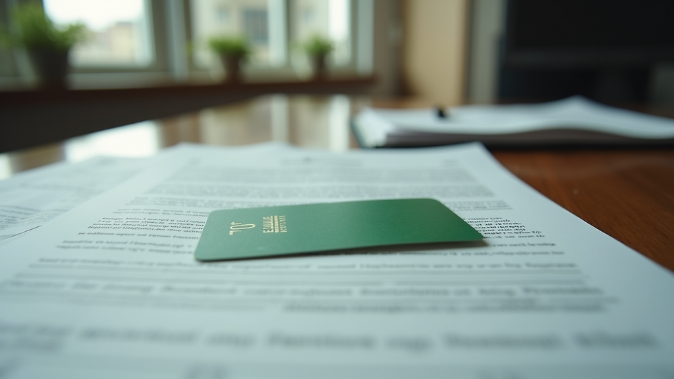 Eye-level view of a green card and legal documents on a desk