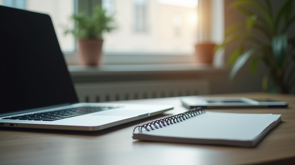 Eye-level view of a workspace with a laptop and a notepad
