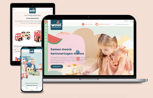 Rebranding van Woet: nieuwe merknaam, brand story en websiteteksten voor houten speelgoedmerk, zichtbaar op desktop en mobiel