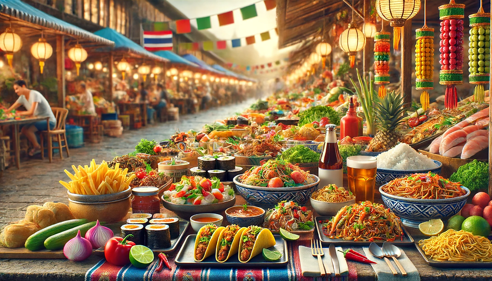 mercado de alimentos global com diversos pratos e ingredientes internacionais dispostos em mesas e barracas.