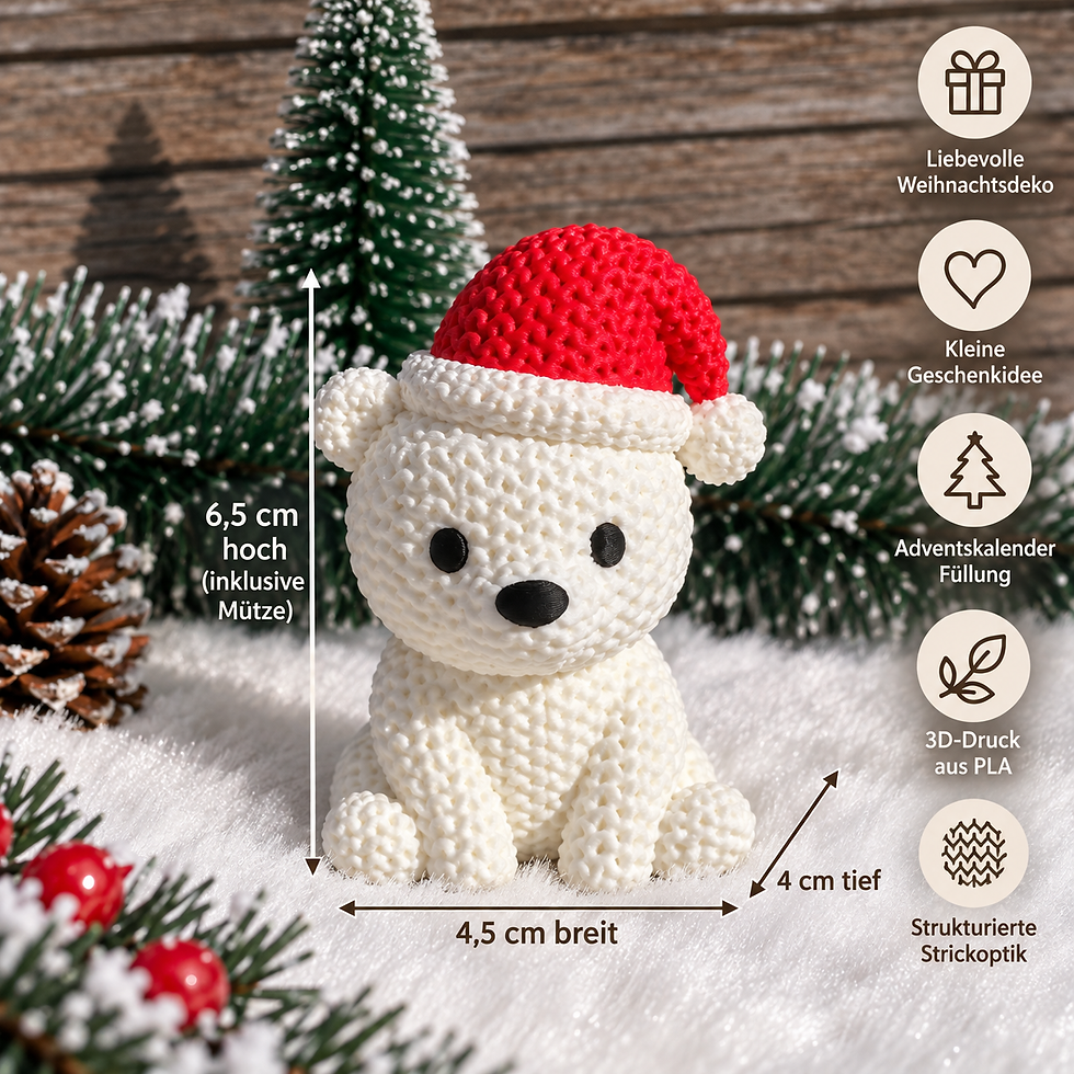 Miniaturbild: Eisbär-Weihnachtsdeko aus PLA in Strickoptik mit Maßangaben: 6,5 cm hoch inklusive Mütze, 4,5 cm breit und 4 cm tief.
