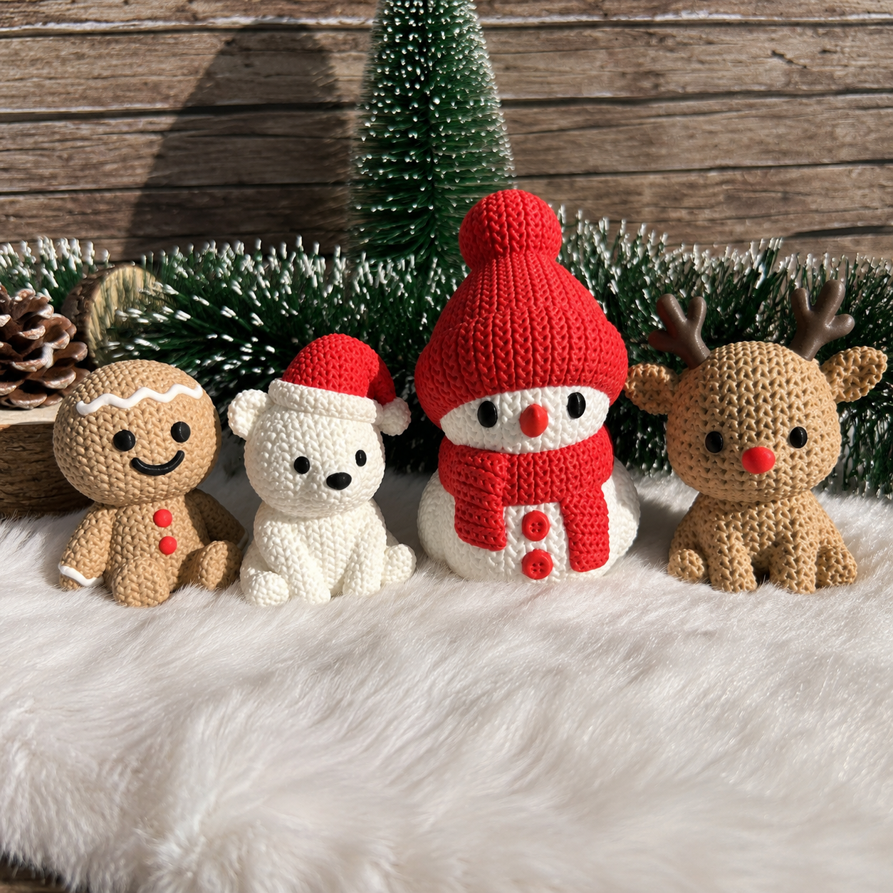Vier 3D-gedruckte Weihnachtsfiguren auf weißem Fell vor Tannengrün: Eisbär im Vordergrund, dahinter Lebkuchenmann, Schneemann