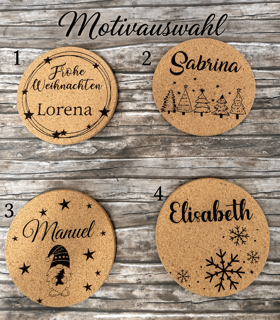 Miniaturbild: Weihnachtsdeko personalisiert - Korkuntersetzer mit Name und Wunschmotiv