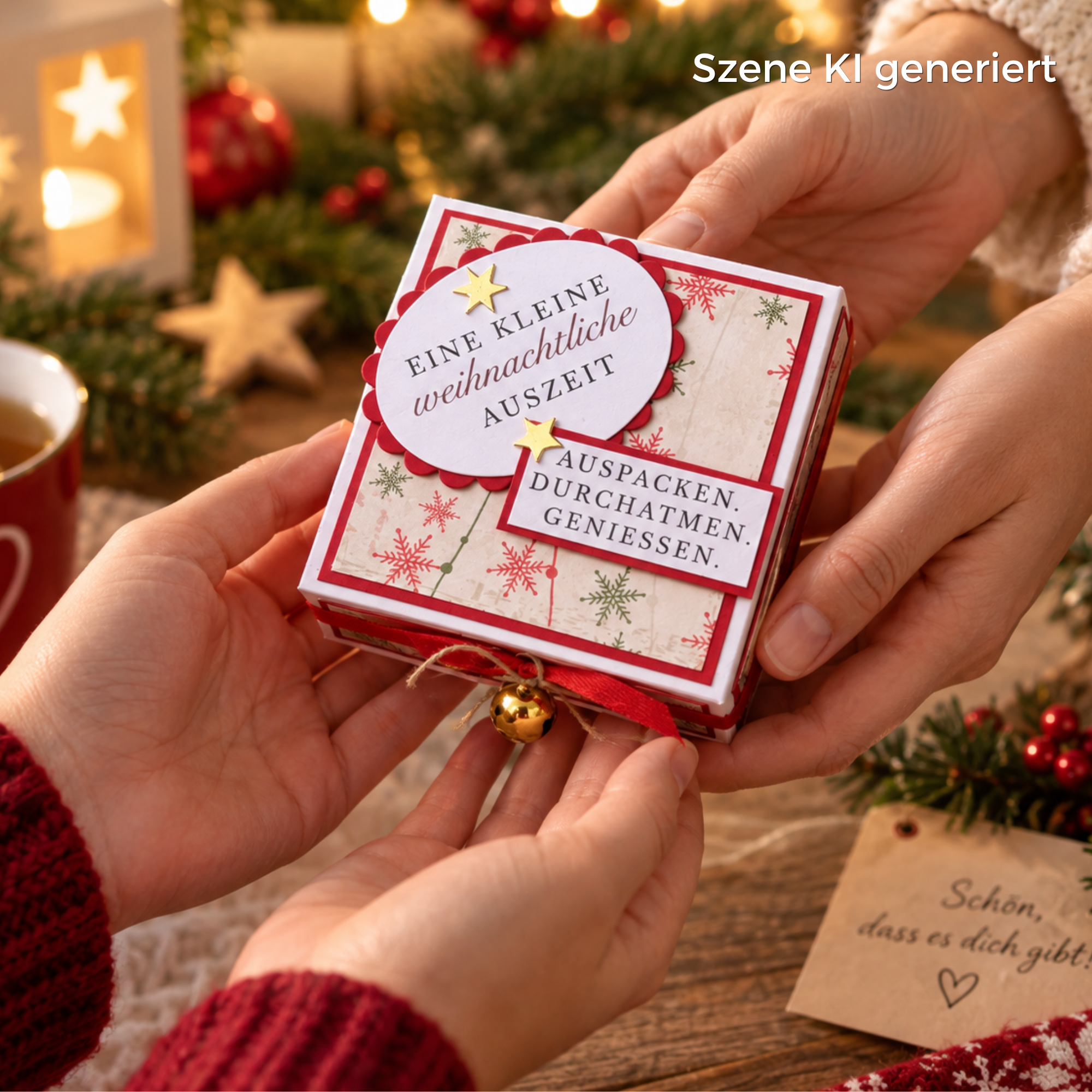 Kleine weihnachtliche Geschenkbox wird als persönliche Aufmerksamkeit zu Weihnachten überreicht