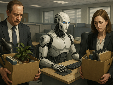 AI Agent watches as white-collar workers head home for the last time.