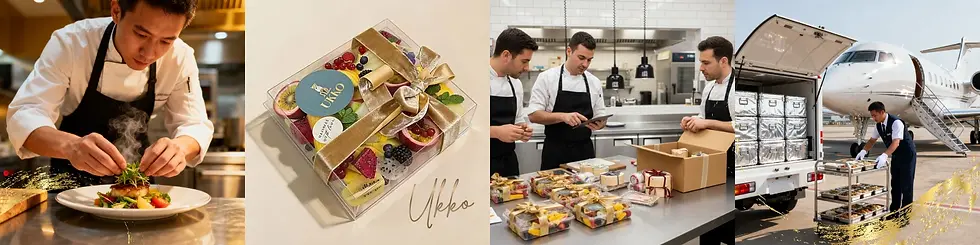 Collage of steps of production: chef preparing and plating, packing and shipping.