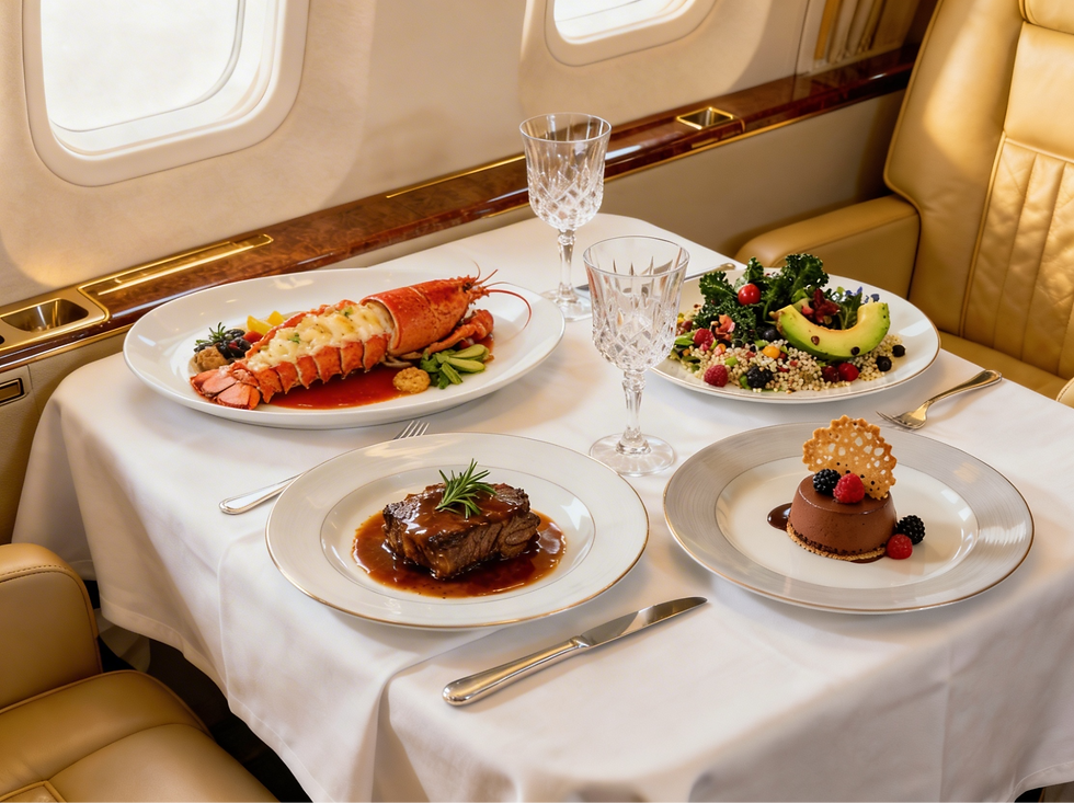 Selection of gourmet dishes: lobster tail, fillet mignon, avocado salad & quinoa, and chocolate mousse