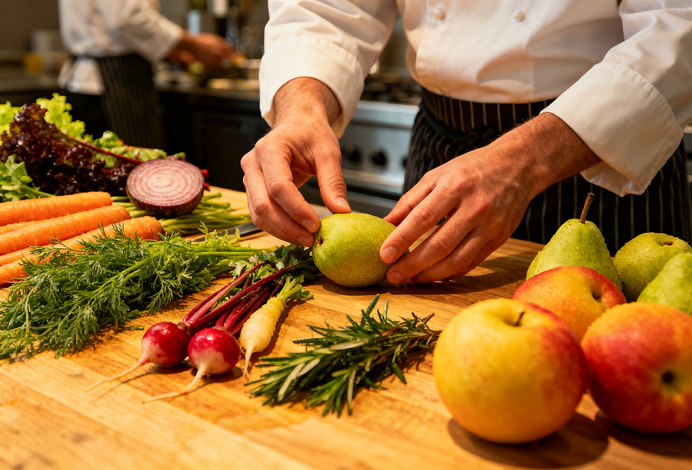 Chef touching fruits and vegetables on counter top