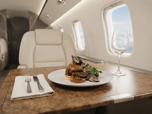Beef dish with truffles and mushroom gravy served inside a private jet