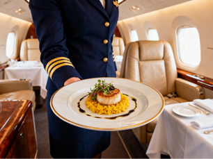 Flight attendant presenting a meal inside private jet