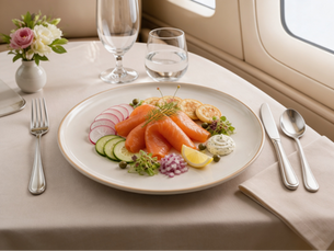Elegant private jet meal with smoked salmon, vegetables, water, and flowers on a table by the window, in a calm beige cabin