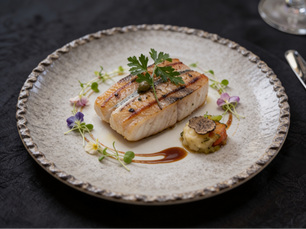 Gourmet fish fillet dish, garnished with brown sauce and edible flowers