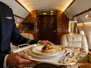 CFA serving well plated fillet with a flute of bubbly inside a private jet