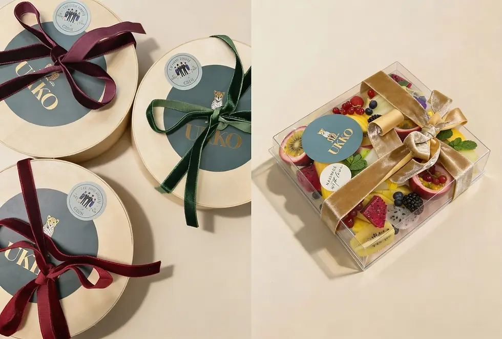 UKKO Bento boxes and clear plate with sliced fruits.  