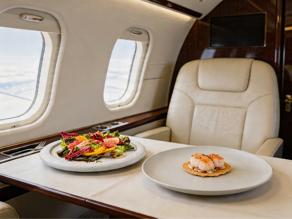 Private jet table with two meals placed on top (king crab salad, turbot fillet)