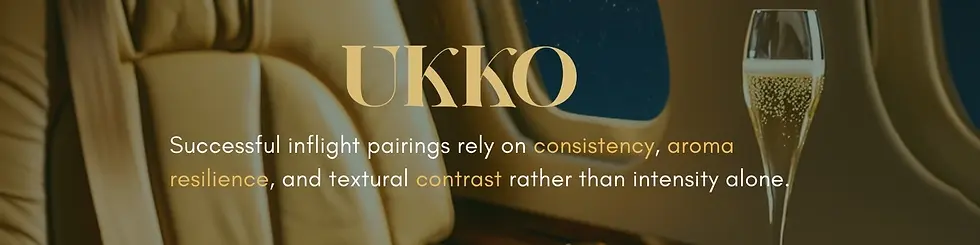 Successful inflight pairings rely on consistency, aroma resilience, and textural contrast rather than intensity alone.