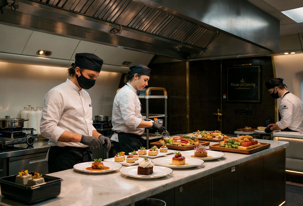 Kitchen staff plating and decorating dishes