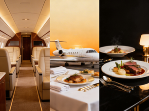 Private jet interior; private jet; plated gourmet dishes
