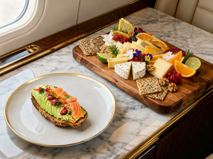 Avocado toast and Cheese platter inside private jet