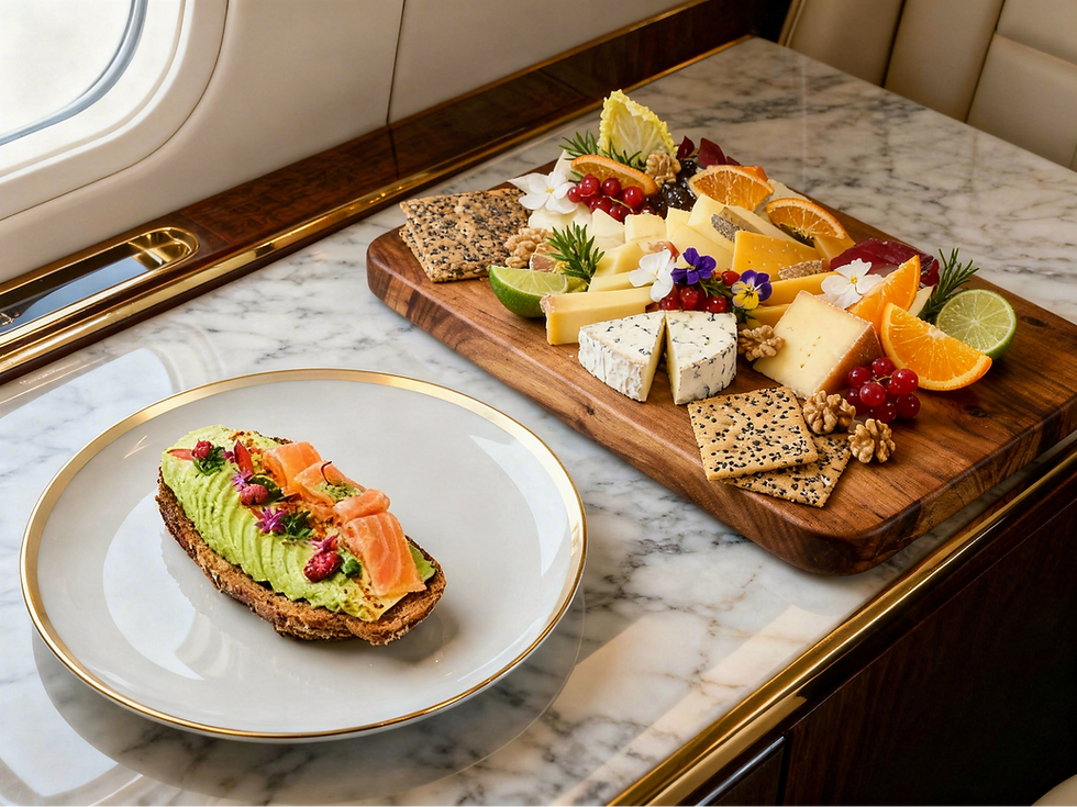 Avocado toast and Cheese platter inside private jet