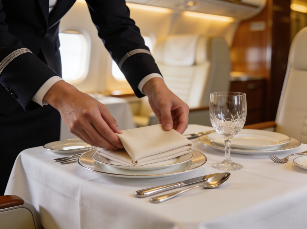 FA putting napkin on a plate inside a private jet