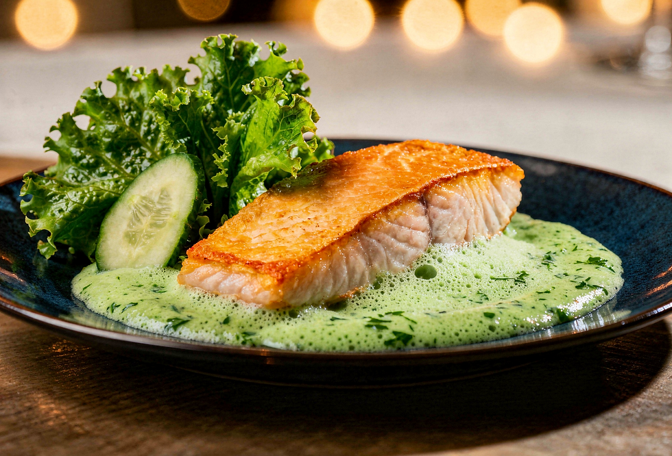 Salmon fillet on green emulsionated sauce, with lettuce and cucumber on the side
