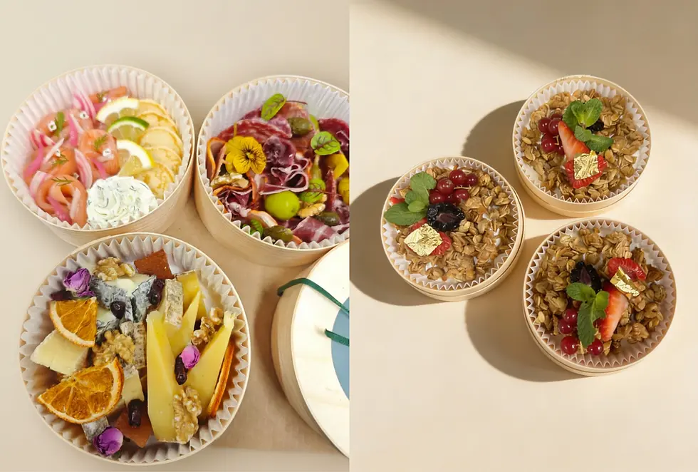 UKKO premade boxes: cheese, charcuterie, salmon and muesli ready to serve.