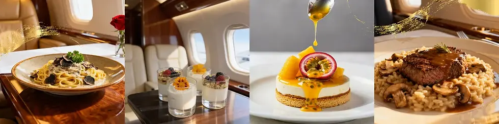 Selection of dishes: truffle pasta, parfait yoghurt, passion fruit entremet, and mushroom risotto