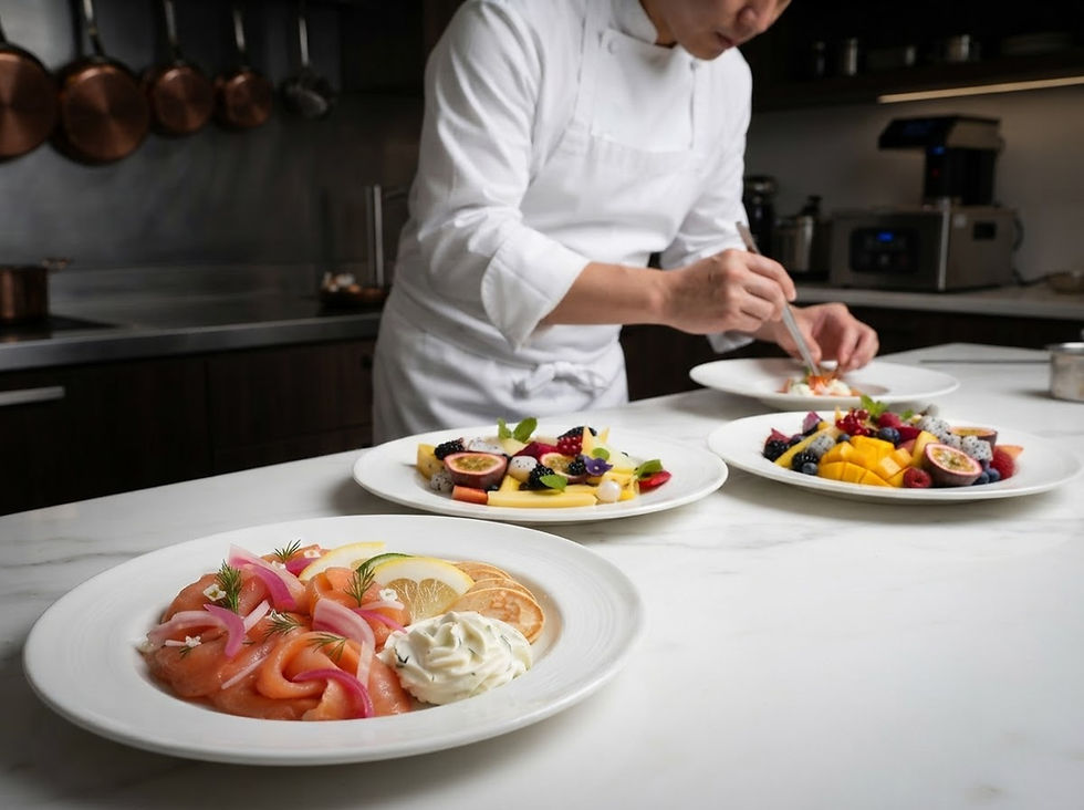 Chef in a modern kitchen plates colorful gourmet dishes, including salmon and fruit on white plates.