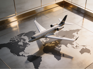 Miniature private jet on a world map