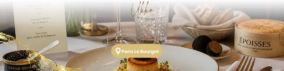 Upscale dining table with caviar, cheese, and plated dish; overlay reads Paris Le Bourget and Ukeo.