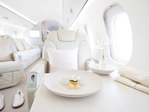 Spheification dish inside a private jet (on the table)
