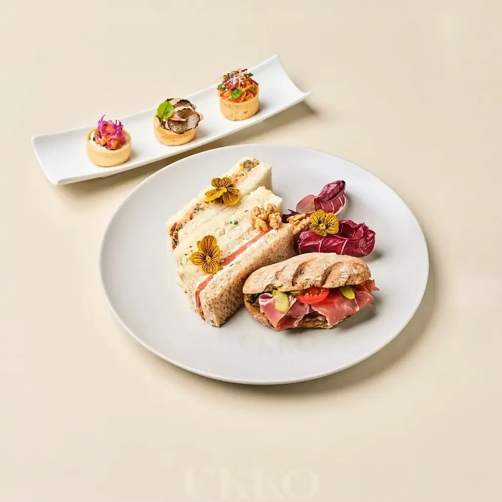 Snack assortment (finger sandwiches, gourmet sandwiches, petit four)