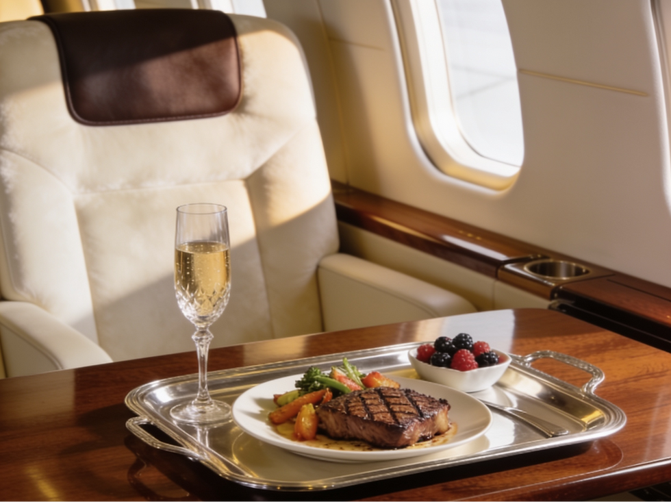Luxury private jet cabin with steak dinner, champagne flute, and berries on a silver tray by the window.