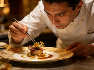 Chef decorating a gourmet filet of fish with honeycomb shaped chips