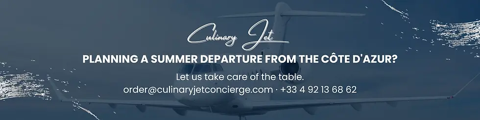 Promotional graphic of a private jet with Culinary Jet logo and text: Planning a summer departure from the Côte d'Azur?