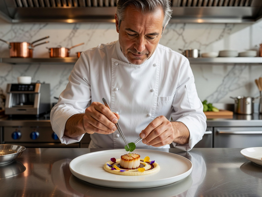 Chef in a modern kitchen carefully plates a scallop dish with tweezers, focused and precise, with copper pots and marble backdrop.